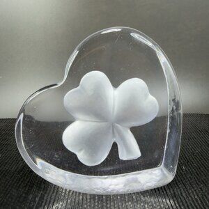 Vintage 1980s Clear Thick Heavy Shamrock Leaf Clover Frosted Glass Paperweight